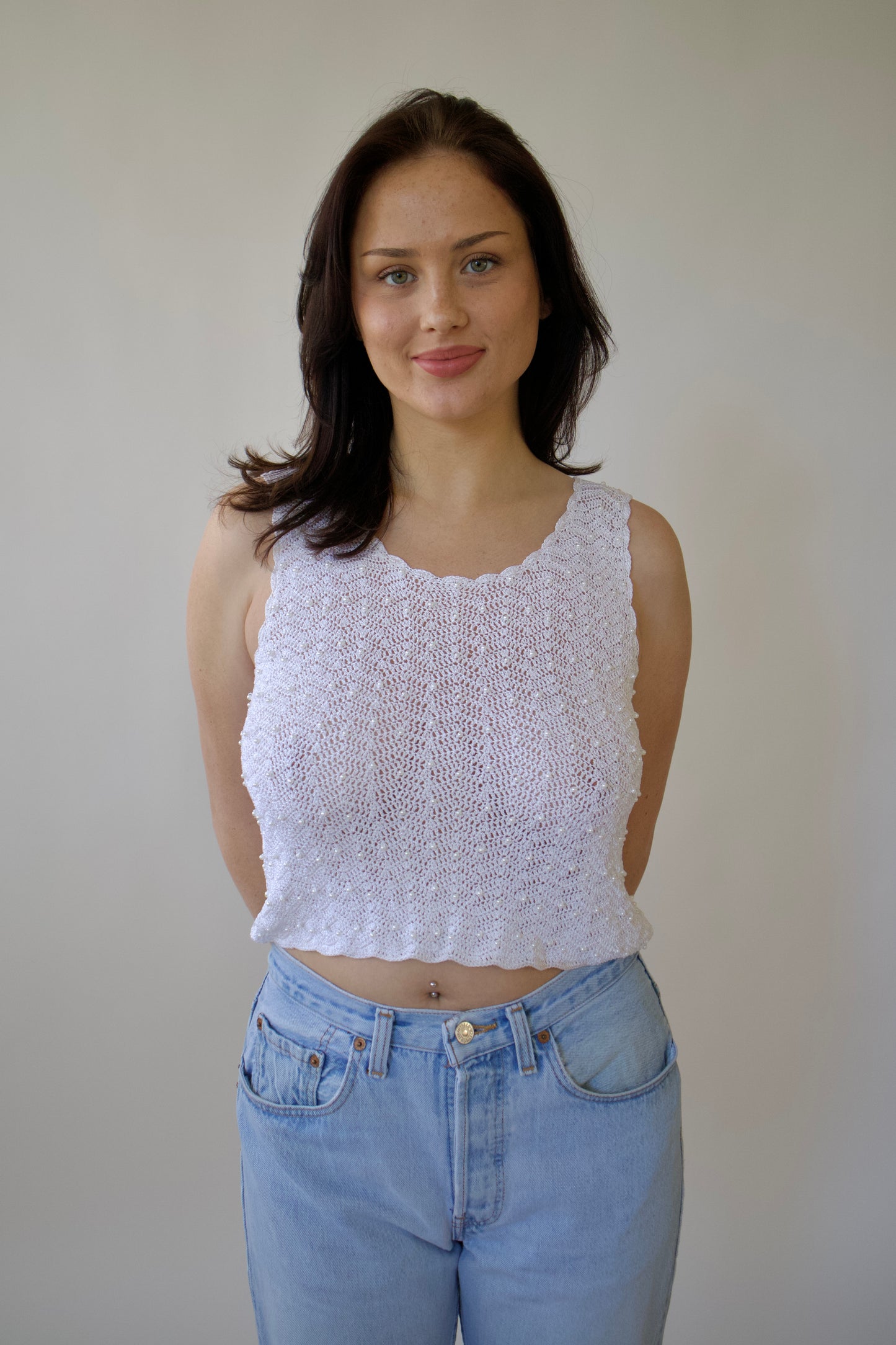 White beaded crochet top